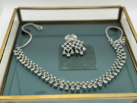 American Diamond Necklace Set in Silver with Cubic Zirconia | Fusion Style Elegant Jewelry for All Occasions