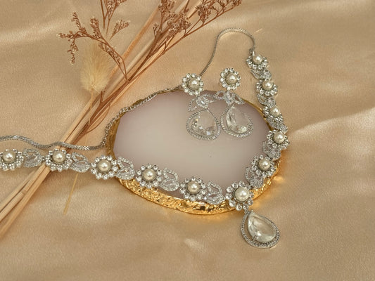 American Diamond Necklace Set in Silver with Cubic Zirconia | Elegant Festive Jewelry for Eid & Diwali