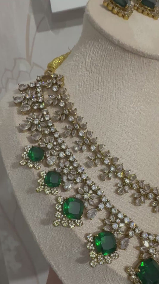 American Diamond double layer Necklace set- gold polish, real cubic zirconia stones, emerald green stones